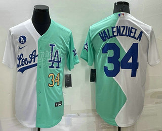 Men's Los Angeles Dodgers #34 Fernando Valenzuela White Green Number 2022 Celebrity Softball Game Cool Base Jersey 03