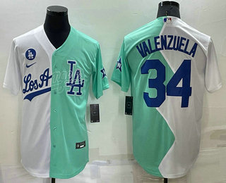 Men's Los Angeles Dodgers #34 Fernando Valenzuela White Green Two Tone 2022 Celebrity Softball Game Cool Base Jersey