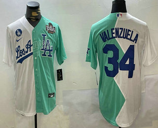 Men's Los Angeles Dodgers #34 Fernando Valenzuela White Green Two Tone 2024 World Series Celebrity Softball Game Jersey