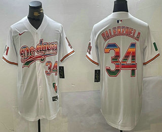 Men's Los Angeles Dodgers #34 Fernando Valenzuela White Rainbow Mexico Cool Base Stitched Fashion Jersey