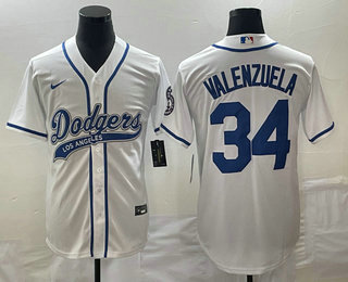 Men's Los Angeles Dodgers #34 Fernando Valenzuela White With Patch Cool Base Stitched Baseball Jersey 01