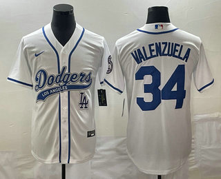 Men's Los Angeles Dodgers #34 Fernando Valenzuela White With Patch Cool Base Stitched Baseball Jersey 02