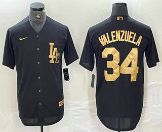 Men's Los Angeles Dodgers #34 Fernando Valenzuela Black Gold Cool Base Stitched Baseball Jersey