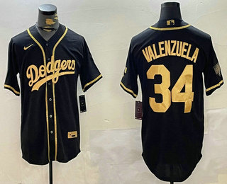 Men's Los Angeles Dodgers #34 Fernando Valenzuela Black Gold Cool Base Stitched Jersey 01