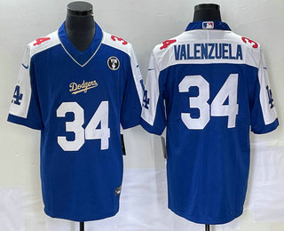 Men's Los Angeles Dodgers #34 Fernando Valenzuela Blue Vin Scully Patch Pullover Stitched Jersey