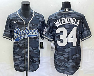 Men's Los Angeles Dodgers #34 Fernando Valenzuela Gray Camo Cool Base With Patch Stitched Baseball Jersey 01