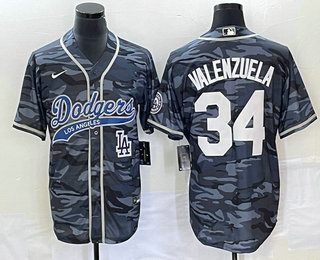 Men's Los Angeles Dodgers #34 Fernando Valenzuela Gray Camo Cool Base With Patch Stitched Baseball Jersey 02