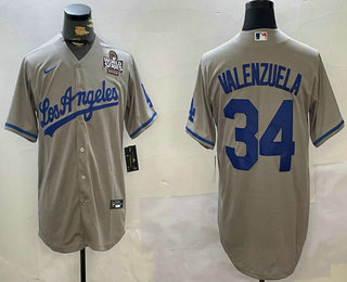 Men's Los Angeles Dodgers #34 Fernando Valenzuela Grey 2024 World Series Cool Base Stitched Jersey