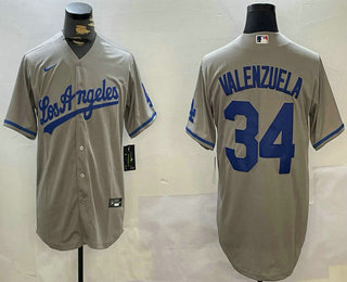 Men's Los Angeles Dodgers #34 Fernando Valenzuela Grey With los Cool Base Stitched Jersey