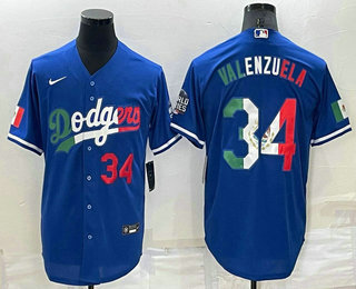 Men's Los Angeles Dodgers #34 Fernando Valenzuela Mexico Number Blue Cool Base Stitched Baseball Jersey