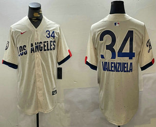 Men's Los Angeles Dodgers #34 Fernando Valenzuela Number Cream 2024 City Connect Limited Stitched Jersey