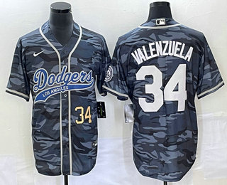 Men's Los Angeles Dodgers #34 Fernando Valenzuela Number Gray Camo Cool Base With Patch Stitched Baseball Jersey 01