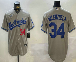 Men's Los Angeles Dodgers #34 Fernando Valenzuela Number Grey With los Cool Base Stitched Jersey