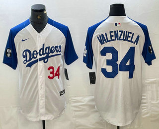 Men's Los Angeles Dodgers #34 Fernando Valenzuela Number White Blue Fashion Stitched Cool Base Limited Jersey 11