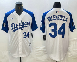 Men's Los Angeles Dodgers #34 Fernando Valenzuela Number White Blue Fashion Stitched Cool Base Limited Jersey 12