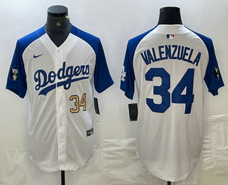 Men's Los Angeles Dodgers #34 Fernando Valenzuela Number White Blue Fashion Stitched Cool Base Limited Jersey 13