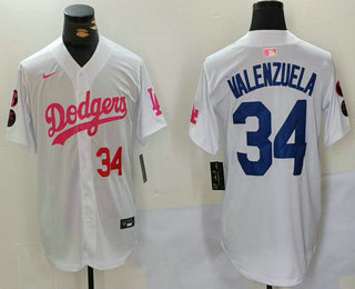 Men's Los Angeles Dodgers #34 Fernando Valenzuela Number White Pink With Patch Limited Stitched Jersey