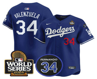 Men's Los Angeles Dodgers #34 Fernando Valenzuela Royal 2024 World Series With Fernando 34 Patch Limited Stitched Jersey