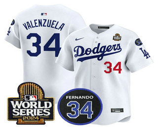 Men's Los Angeles Dodgers #34 Fernando Valenzuela White 2024 World Series With Fernando 34 Patch Limited Stitched Jersey