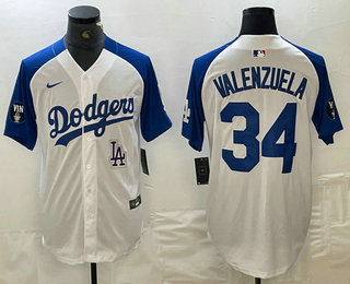 Men's Los Angeles Dodgers #34 Fernando Valenzuela White Blue Fashion Stitched Cool Base Limited Jersey 11