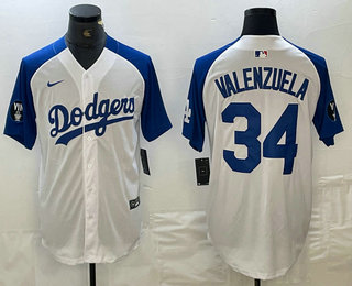 Men's Los Angeles Dodgers #34 Fernando Valenzuela White Blue Fashion Stitched Cool Base Limited Jersey 12