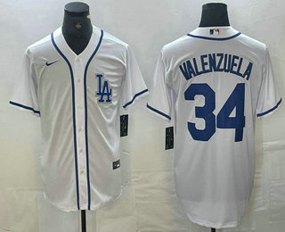 Men's Los Angeles Dodgers #34 Fernando Valenzuela White Cool Base Stitched Baseball Jersey 01