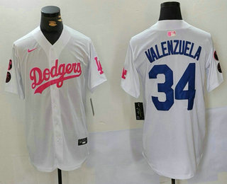 Men's Los Angeles Dodgers #34 Fernando Valenzuela White Pink With Patch Limited Stitched Jersey