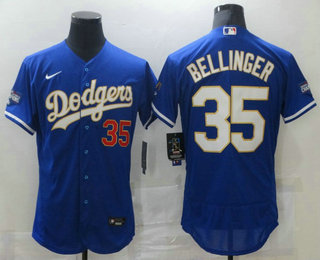 Men's Los Angeles Dodgers #35 Cody Bellinger Blue Gold Champions Patch Stitched MLB Flex Base Nike Jersey