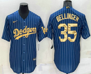 Men's Los Angeles Dodgers #35 Cody Bellinger Navy Blue Gold Pinstripe Stitched MLB Cool Base Nike Jersey