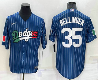 Men's Los Angeles Dodgers #35 Cody Bellinger Navy Blue Pinstripe Mexico 2020 World Series Cool Base Nike Jersey