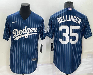 Men's Los Angeles Dodgers #35 Cody Bellinger Navy Blue Pinstripe Stitched MLB Cool Base Nike Jersey