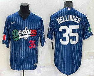 Men's Los Angeles Dodgers #35 Cody Bellinger Number Navy Blue Pinstripe Mexico 2020 World Series Cool Base Nike Jersey 01