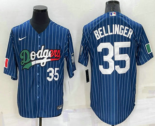 Men's Los Angeles Dodgers #35 Cody Bellinger Number Navy Blue Pinstripe Mexico 2020 World Series Cool Base Nike Jersey