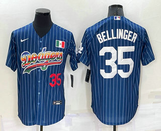 Men's Los Angeles Dodgers #35 Cody Bellinger Number Rainbow Blue Red Pinstripe Mexico Cool Base Nike Jersey 01