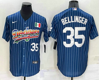 Men's Los Angeles Dodgers #35 Cody Bellinger Number Rainbow Blue Red Pinstripe Mexico Cool Base Nike Jersey