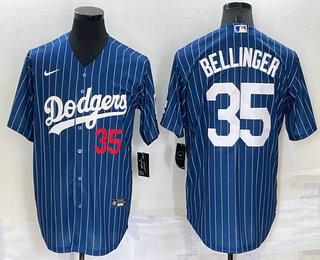 Men's Los Angeles Dodgers #35 Cody Bellinger Number Red Navy Blue Pinstripe Stitched MLB Cool Base Nike Jersey