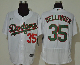 Men's Los Angeles Dodgers #35 Cody Bellinger White With Green Name Stitched MLB Flex Base Nike Jersey