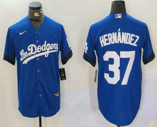 Men's Los Angeles Dodgers #37 Teoscar Hernandez Blue 2021 City Connect Cool Base Stitched Jersey