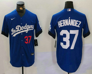 Men's Los Angeles Dodgers #37 Teoscar Hernandez Number Blue City Connect Cool Base Stitched Jersey