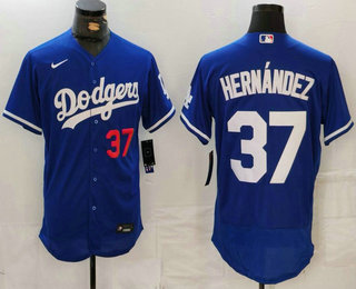 Men's Los Angeles Dodgers #37 Teoscar Hernandez Number Blue Flex Base Stitched Jersey