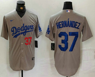 Men's Los Angeles Dodgers #37 Teoscar Hernandez Number Grey Cool Base Stitched Jersey