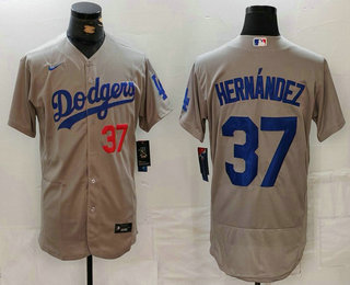 Men's Los Angeles Dodgers #37 Teoscar Hernandez Number Grey Flex Base Stitched Jersey