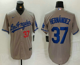 Men's Los Angeles Dodgers #37 Teoscar Hernandez Number Grey With Los Cool Base Stitched Jersey