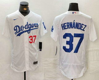 Men's Los Angeles Dodgers #37 Teoscar Hernandez Number White Flex Base Stitched Jersey