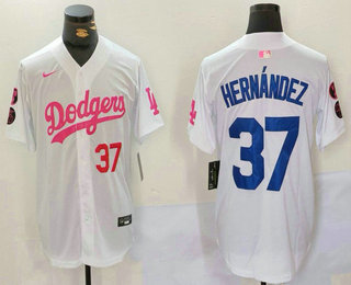 Men's Los Angeles Dodgers #37 Teoscar Hernandez Nunber White Pink With Patch Limited Stitched Jersey