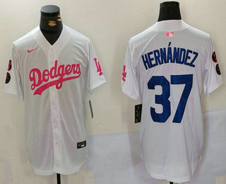 Men's Los Angeles Dodgers #37 Teoscar Hernandez White Pink With Patch Limited Stitched Jersey