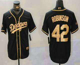 Men's Los Angeles Dodgers #42 Jackie Robinson Black Gold World Series Champions Cool Base Stitched Jersey