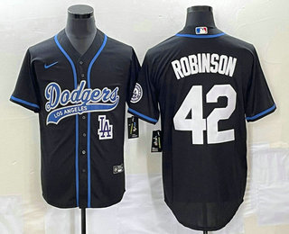 Men's Los Angeles Dodgers #42 Jackie Robinson Black With Patch Cool Base Stitched Baseball Jersey 01