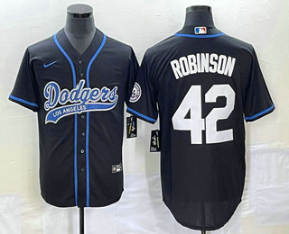 Men's Los Angeles Dodgers #42 Jackie Robinson Black With Patch Cool Base Stitched Baseball Jersey 02