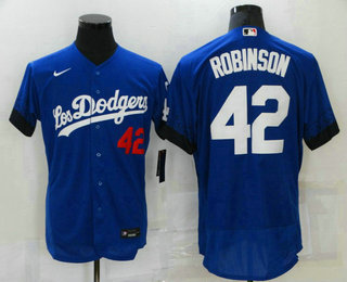 Men's Los Angeles Dodgers #42 Jackie Robinson Blue 2021 City Connect Flex Base Stitched Jersey